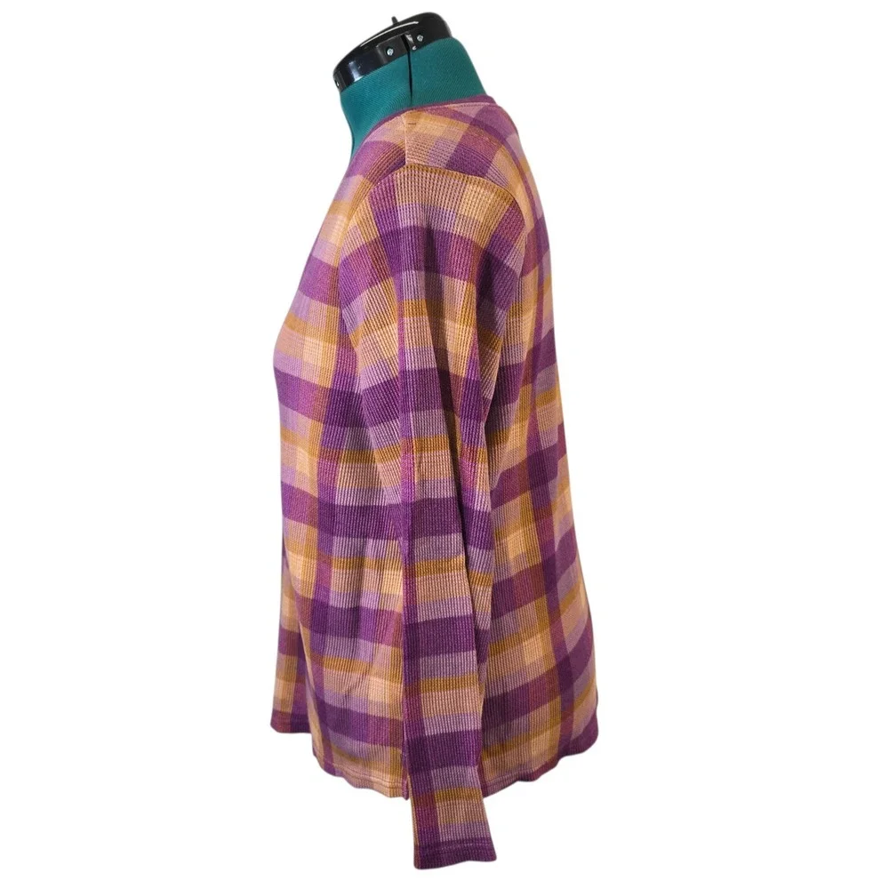 Terra & Sky Plus Size 1X Purple‎ Orange Plaid Waffle Knit Henley Top